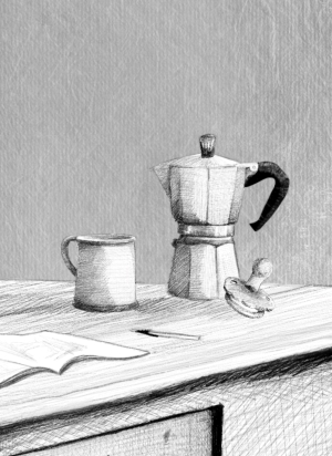 Mokkakanne, Schnuller und Notizbuch auf Tisch: Symbol für PaMaCOFFEE Kennenlerngespräch – Austausch über Vereinbarkeit von Kind und Job im Eltern-Business