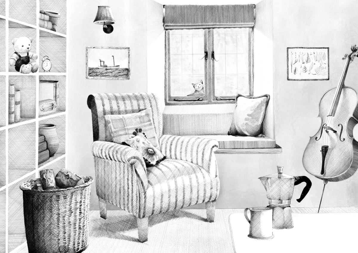 Handgezeichnetes Bild eines hyggeligen, magischen Raums: Ein gemütlicher Sessel neben einem Fenster mit Blick auf einen ruhigen Garten, ein Bücherregal, eine Kaffeemoka und eine Katze, die schelmisch ins Fenster schaut – perfekte Atmosphäre für konzentriertes Arbeiten und neue Inspirationen.