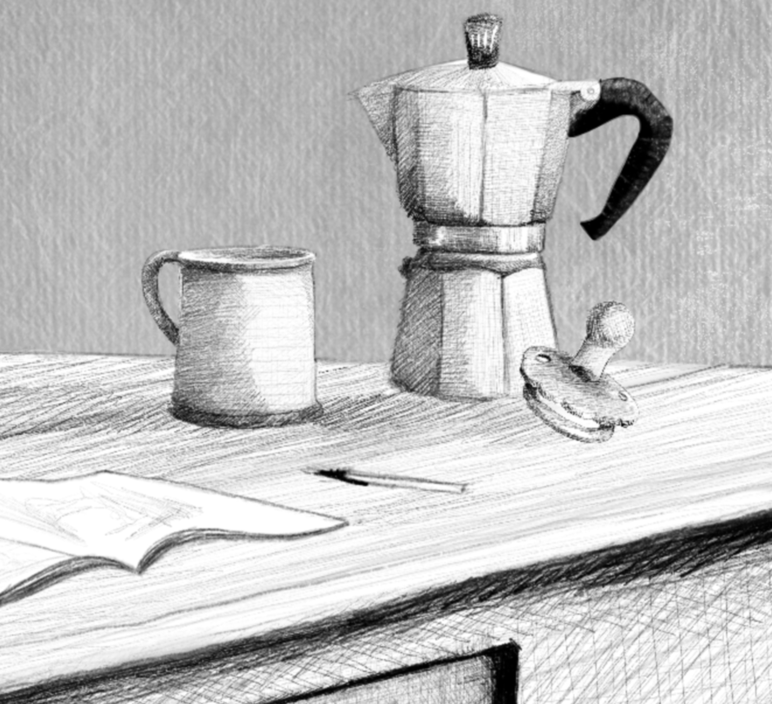 Homeoffice mit Kleinkind im Familienalltag mit Mokkakanne, Kaffeetasse und Schnuller als Symbol für Eltern-Burnout in der Selbstständigkeit